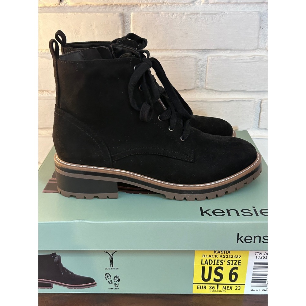 NWOT Kensie Kasha Black Faux Suede Lace Up Side Zip Combat Boots Womens 6